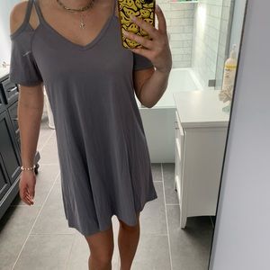 Violet dress with a flattering open shoulder